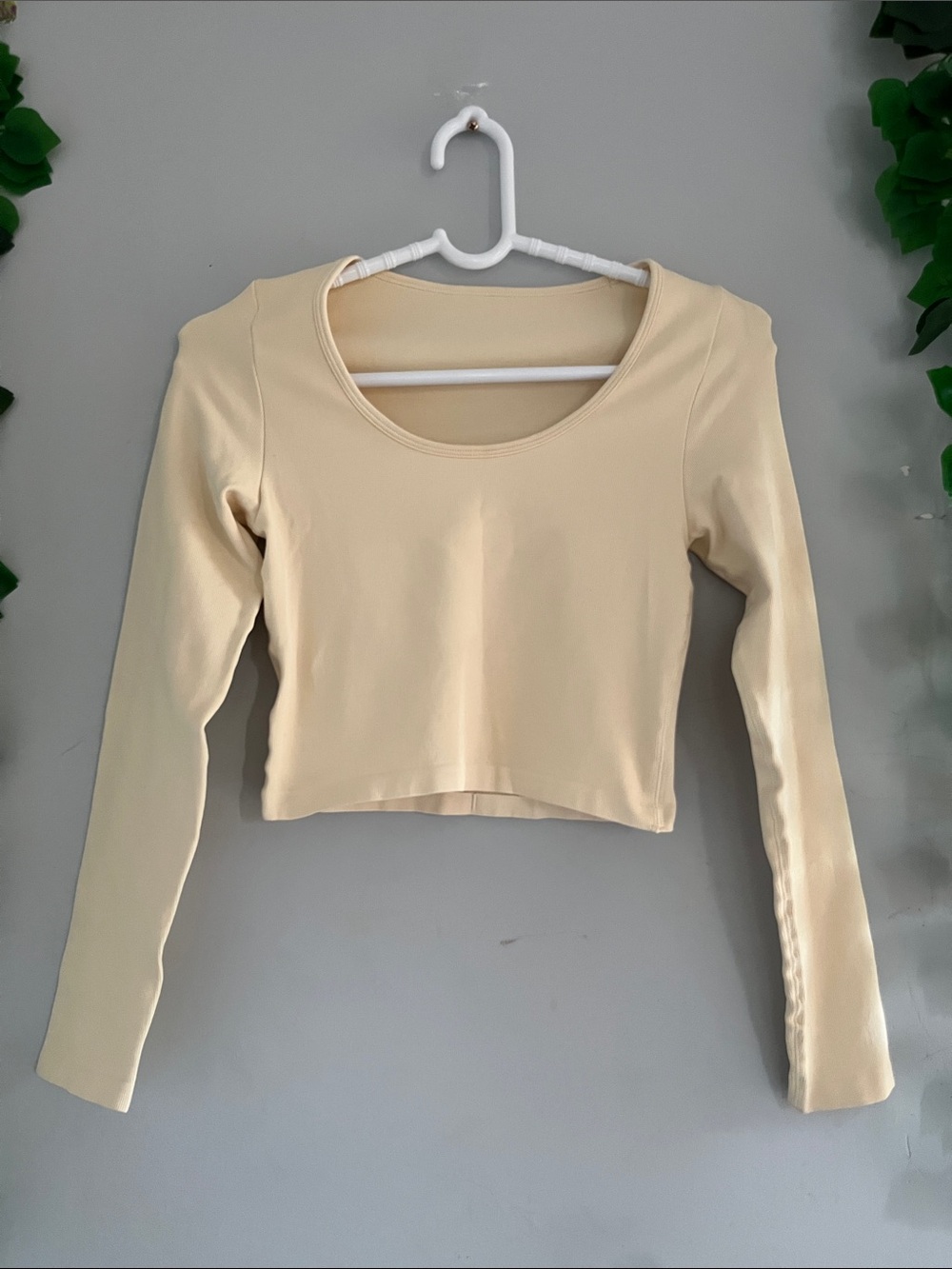 Scoop Neck Long Sleeve Crop Top in Cream